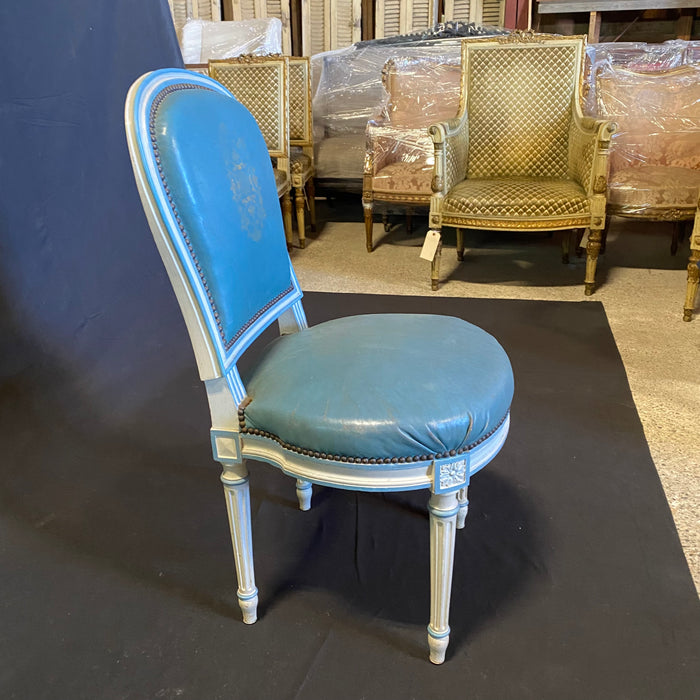 Fine Set of 6 Blue Leather Gold Embossed French Louis XVI Painted Dining Chairs