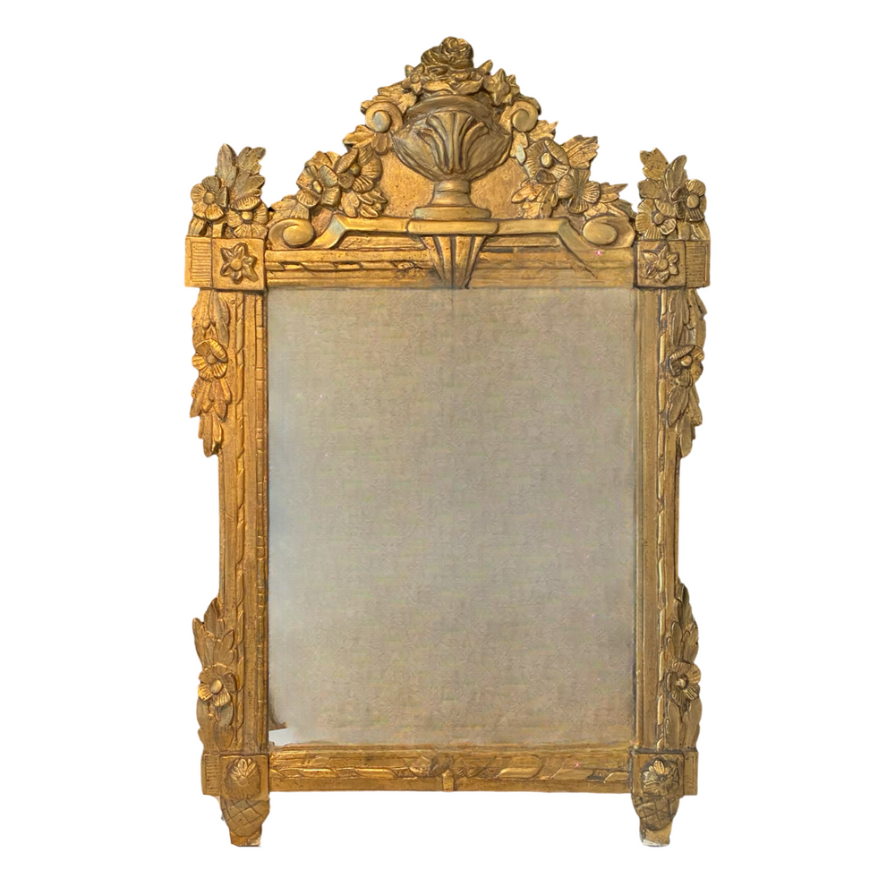 19th Century French Period Louis XVI Gold Mirror with Center Urn Frontispiece