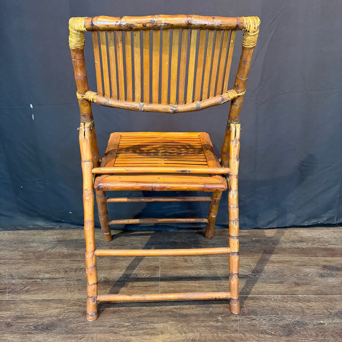Pair of Midcentury Tortoiseshell Bamboo Folding Chairs with Bamboo and Rattan Tray Table
