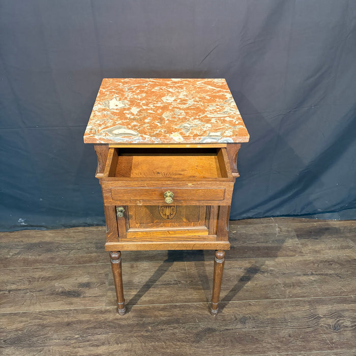 Pair of French Louis XVI Revival Oak Marble Top Nightstands with Floral Marquetry