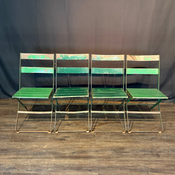 Antique French Folding Cafe' Bistro Chairs in Metal and Wood: Set of Four