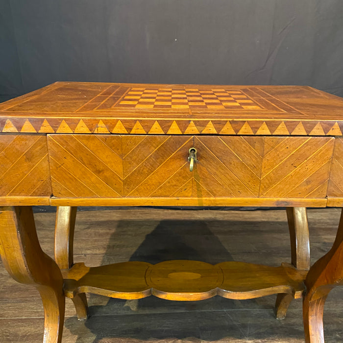 Antique French Game Table, Side Table or Accent Table with Inlaid Marquetry Checkerboard Top