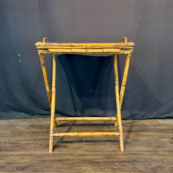 Pair of Midcentury Tortoiseshell Bamboo Folding Chairs with Bamboo and Rattan Tray Table