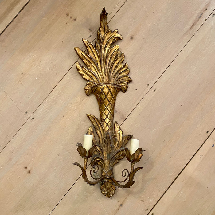 Pair of French Carved Giltwood Two-Light Wall Sconces with Diamond-Carved Urn Motifs