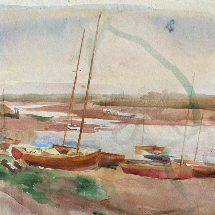 Listed British Artist Bernard Harper Wiles (1883-1966) - Sailboats on the Shore Watercolor Painting