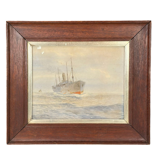 British 1917 Watercolor of a Steamship at Sea, Signed Herbert R. Cole, in Oak Frame