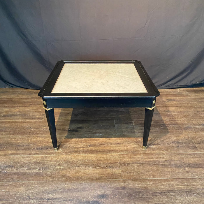 French Neoclassical Carrera Marble Top Ebony Black Coffee Table