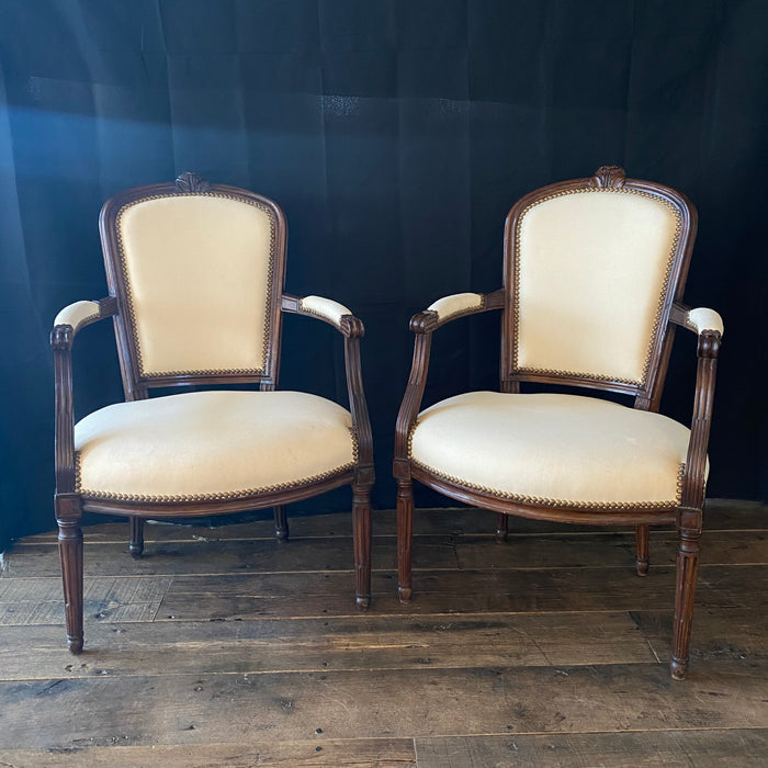 French Pair Louis XVI Carved Mahogany Fauteuil Arm Chairs