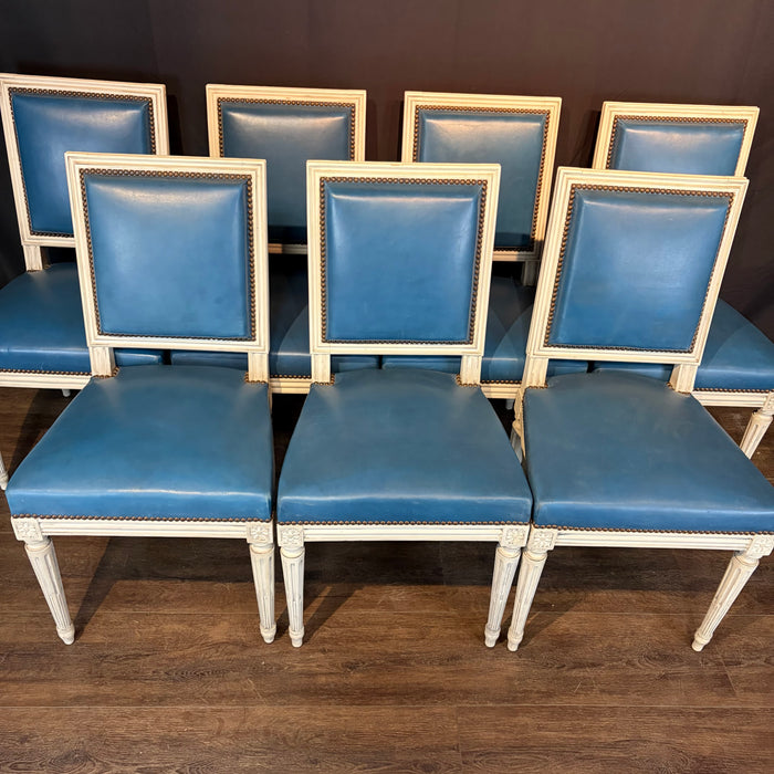 Set of Eight French Louis XVI Painted Dining Chairs in Blue Leather Circa 1920
