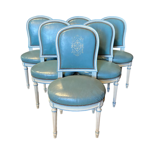 Fine Set of 6 Blue Leather Gold Embossed French Louis XVI Painted Dining Chairs