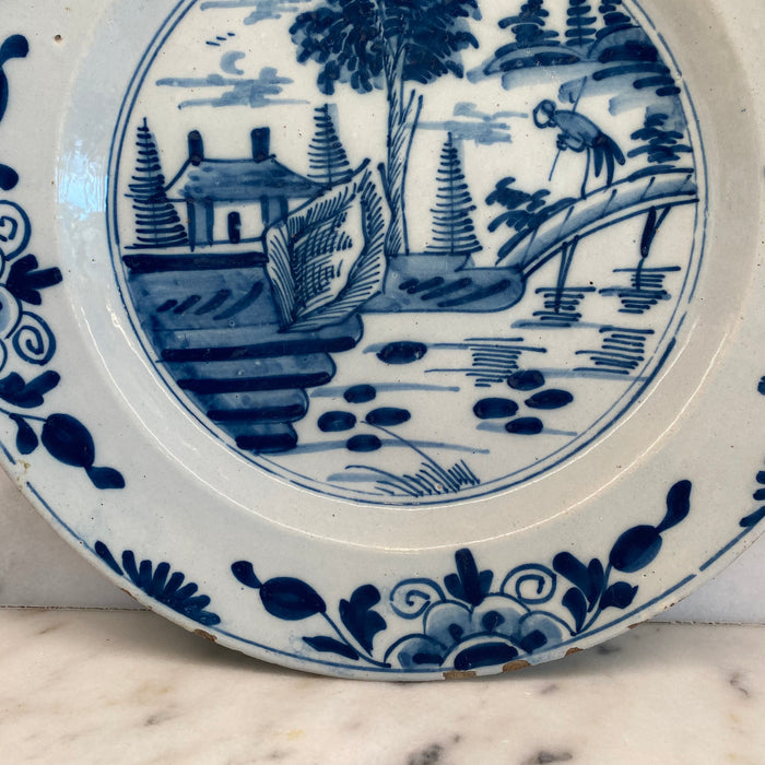 Early Antique Dutch Delft Blue and White Landscape Plate or Platter