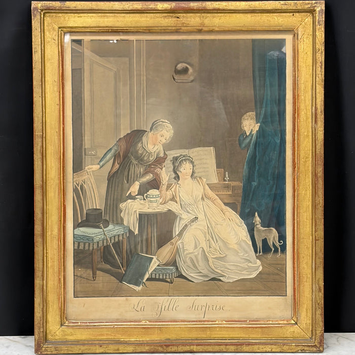 Matching Pair of late 18th Century Desnoyer Artwork: French Color Engravings Framed in Period Gold Leaf Frames