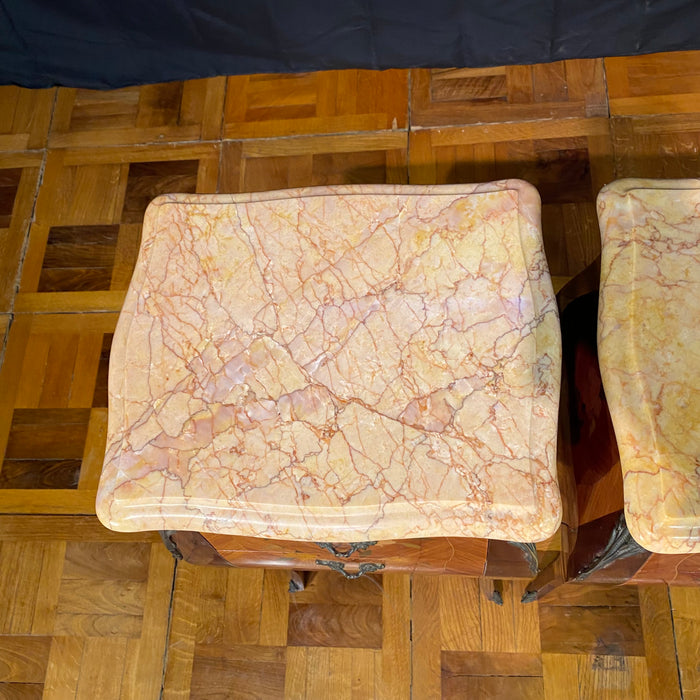 Pair French Louis XV Satinwood Nightstands with Inlaid Marquetry and Marble Tops