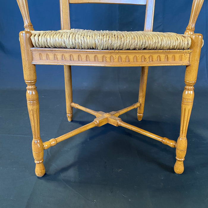 French Provincial Style Rush Seated Wheat Sheaf Arm Chairs or Dining Chairs, Set of 6