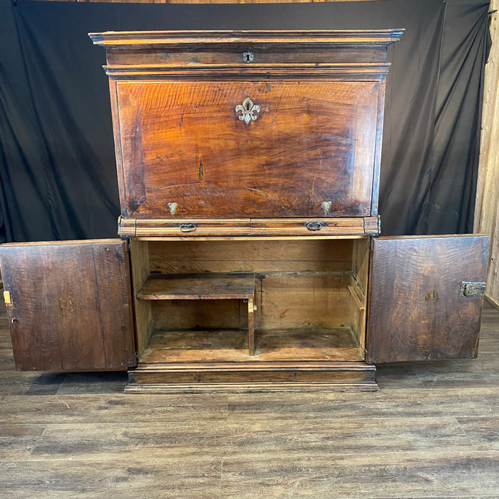 18th Century Spanish Baroque Walnut Bargueno or Vargueno Fall-Front Writing Desk Cabinet Spanish Cabinet "Bargueño" or Vargueno on Stand, Original Wrought Iron and Keys
