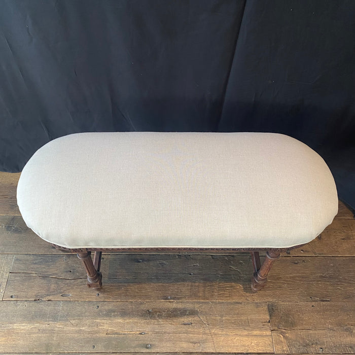 19th Century French Louis XVI Carved Walnut Oval Bench or Ottoman with New Upholstery