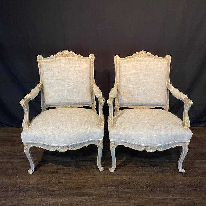 French Pair Louis XV Armchairs or Fauteuils 19th Century Painted