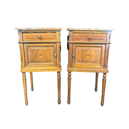 Pair of French Louis XVI Revival Oak Marble Top Nightstands with Floral Marquetry