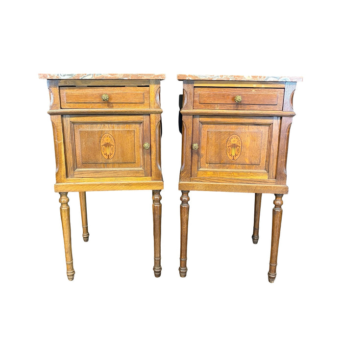 Pair of French Louis XVI Revival Oak Marble Top Nightstands with Floral Marquetry