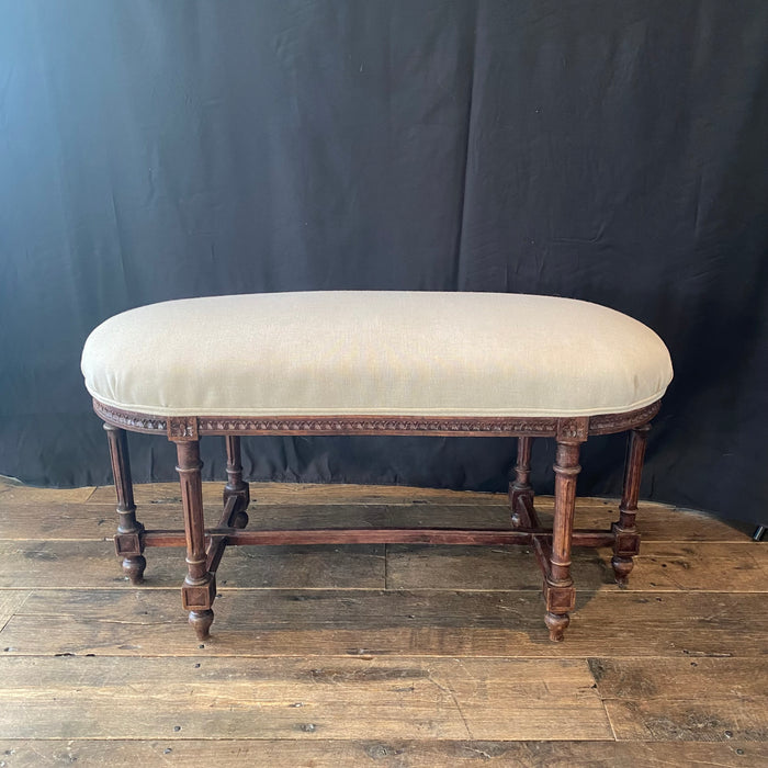 19th Century French Louis XVI Carved Walnut Oval Bench or Ottoman with New Upholstery