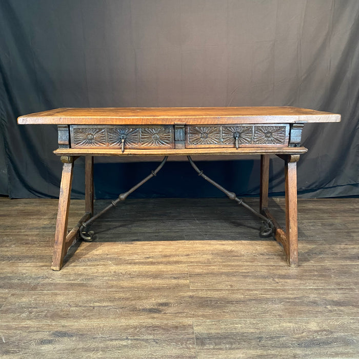 Antique Spanish Baroque Walnut Writing Table, Desk or Console with Iron Stretchers