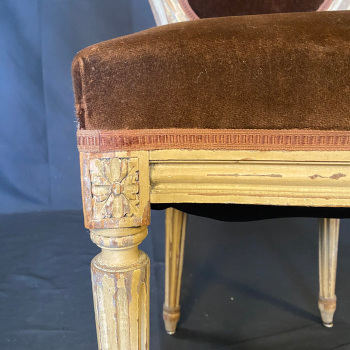 Set of 2 French Louis XVI Oval Back Carved Wood Mohair Upholstered Dining or Side Chairs