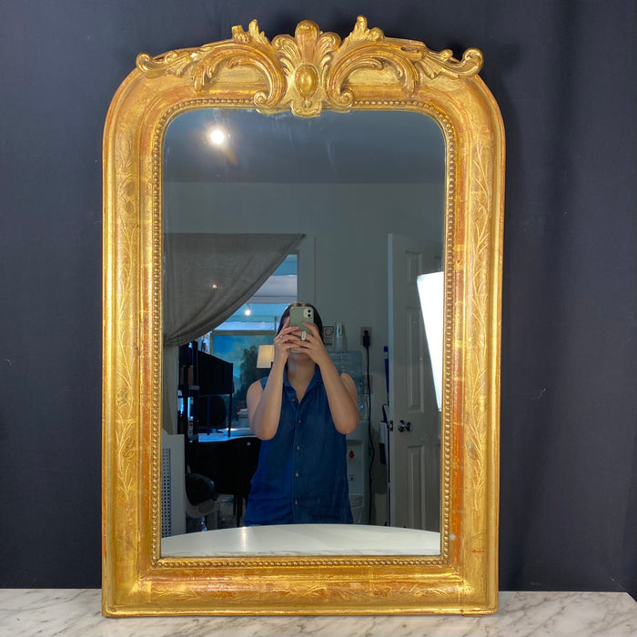 Antique French Louis Philippe Mirror with Crest and Original Gold Gilt Paint