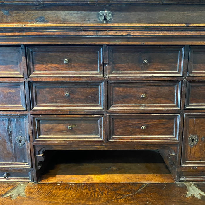 18th Century Spanish Baroque Walnut Bargueno or Vargueno Fall-Front Writing Desk Cabinet Spanish Cabinet "Bargueño" or Vargueno on Stand, Original Wrought Iron and Keys