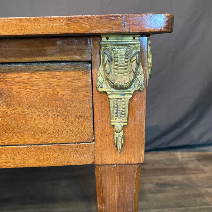 French Antique Embossed Leather Top Desk with Two Drawers and Original Key