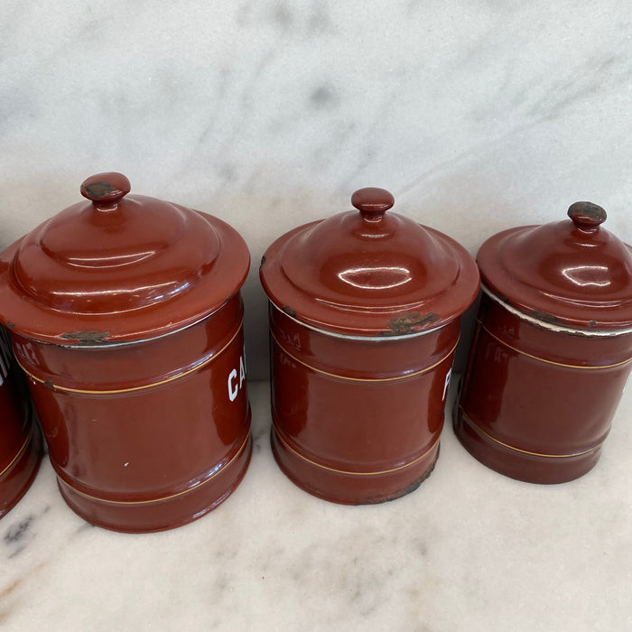 Set of Five French Reddish Brown Enamel Kitchen Canisters with Original Lids