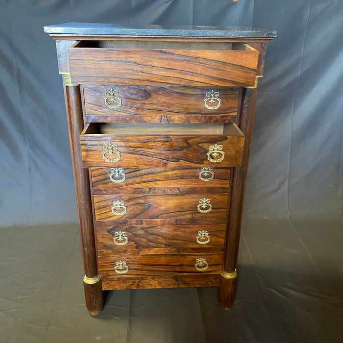 19th Century French Rosewood Empire Tall Commode, Semainier Chest, Linen Chest or Chest of Drawers with Marble Top