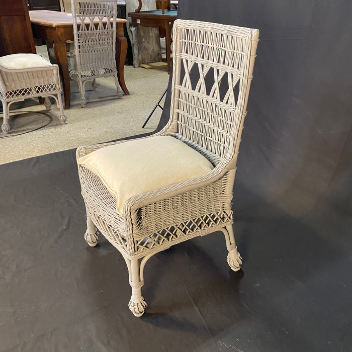 Set of 4 Vintage Open Weave Classic Coastal Maine Wicker and Bamboo Dining Chairs or Side Chairs with Down Cushions