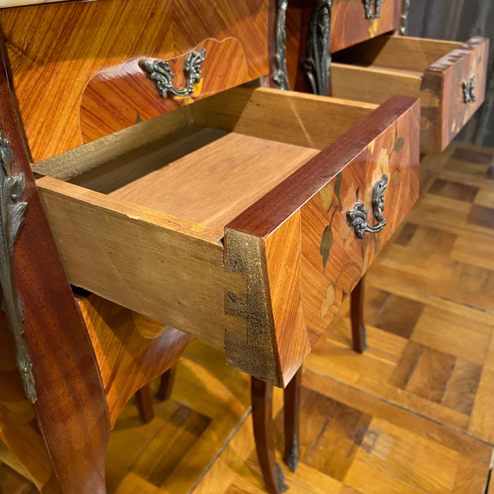 Pair French Louis XV Satinwood Nightstands with Inlaid Marquetry and Marble Tops