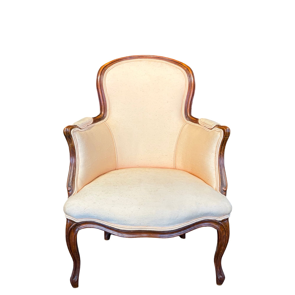 French Louis XV Style Bergere Armchair with Carved Cabriole Legs and Blush Upholstery