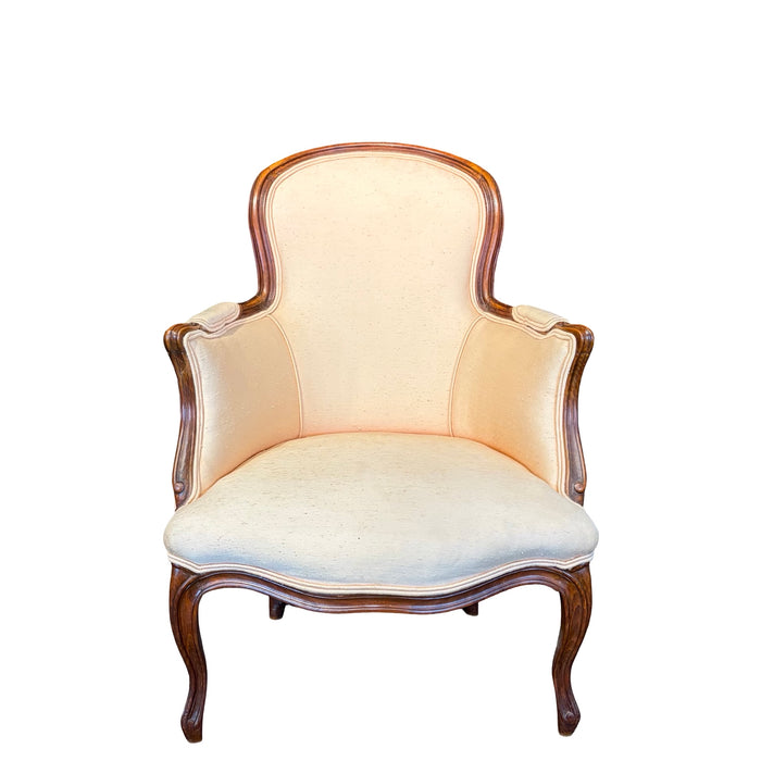 French Louis XV Style Bergere Armchair with Carved Cabriole Legs and Blush Upholstery