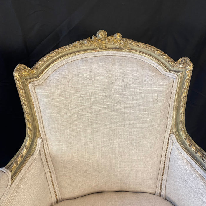 Pair of Intricately Carved French 19th Century Painted Louis XVI Bergere Armchairs with New Neutral Upholstery