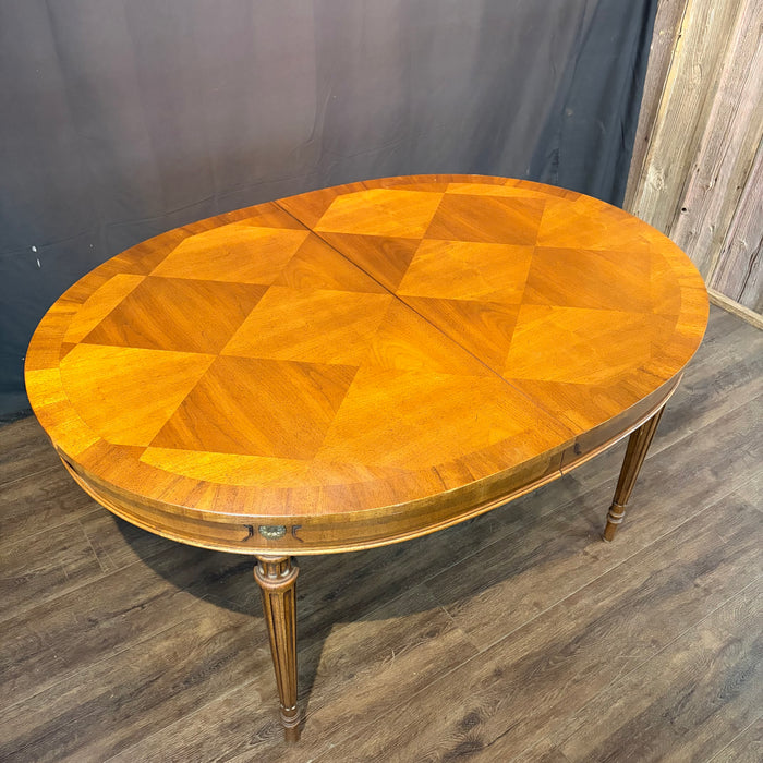 Midcentury French Louis XVI Style Walnut Parquetry Oval Extension Dining Table with Two Leaves