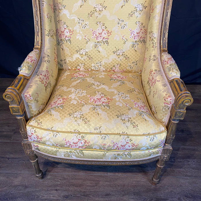 French Louis XVI Early 20th Century Giltwood Wingback Bergere Carved Armchair