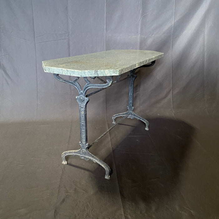 French Marble Top Cafe Table or Bistro Table with Green Stone and Art Nouveau Metal Base by Dohere Avignon