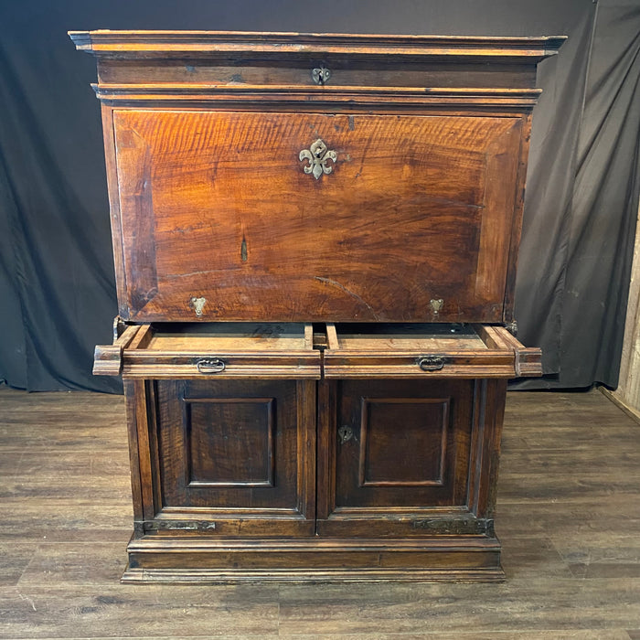 18th Century Spanish Baroque Walnut Bargueno or Vargueno Fall-Front Writing Desk Cabinet Spanish Cabinet "Bargueño" or Vargueno on Stand, Original Wrought Iron and Keys