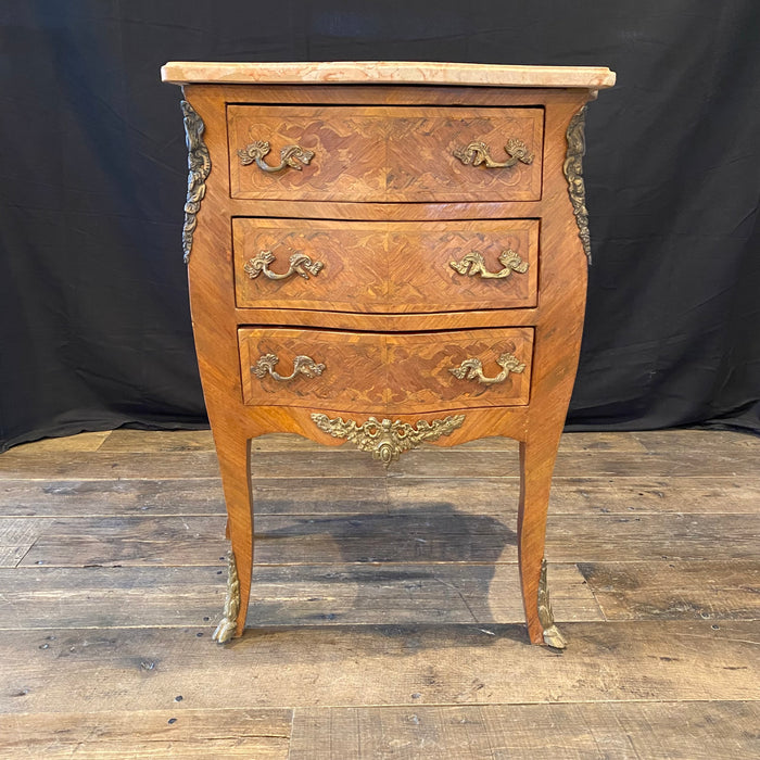 French Louis XV Inlaid Walnut and Fruitwood Petite Commode, Side Table or Nightstand with Marble Top, Hoof Feet and Exquisite Marquetry