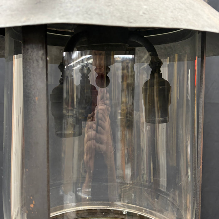 Antique Cast Iron Gas Lantern Pendant Light, Converted Gas Ceiling Fixture with Glass Shade