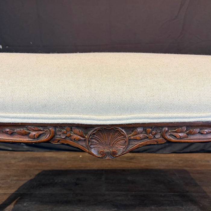 Antique French Louis XV Carved Walnut Bench with New Linen Upholstery