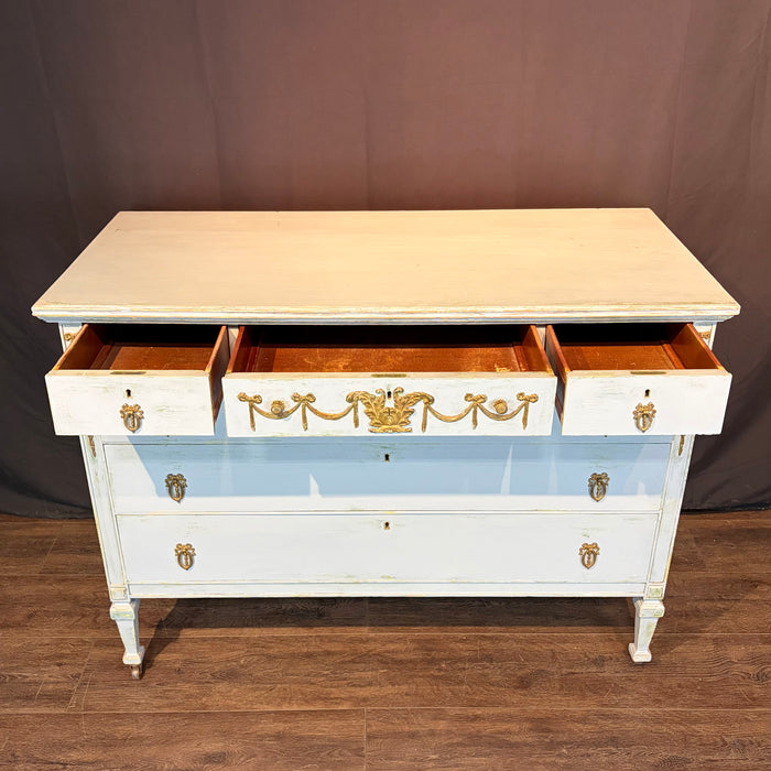 French Louis XVI Style Painted Blue Chest of Drawers with Gilt Bronze Mounts