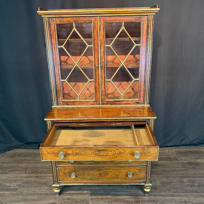 Early 19th Century English Regency Faux Rosewood Secretary Bookcase with Writing Drawer