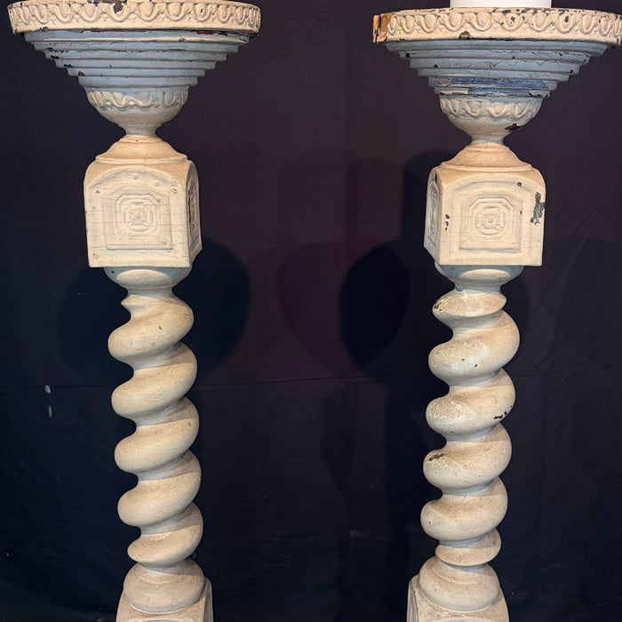 Pair of Monumental 19th Century French Carved Architectural Wood Church Altar Candlesticks with Barley Twist Columns, Almost 4 Feet Tall