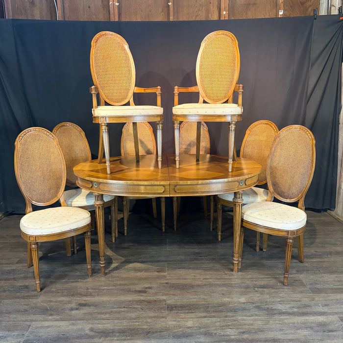 Midcentury French Louis XVI Style Walnut Parquetry Oval Extension Dining Table with Two Leaves