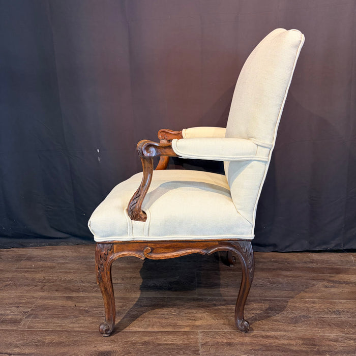 Pair of Early 19th Century French Louis XV Carved Walnut Fauteuil Armchairs with New Neutral Upholstery