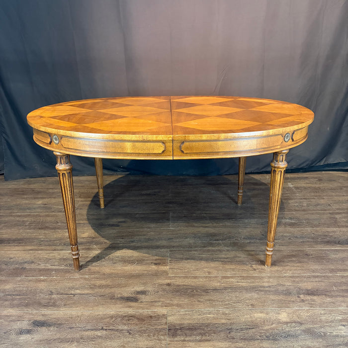 Midcentury French Louis XVI Style Walnut Parquetry Oval Extension Dining Table with Two Leaves