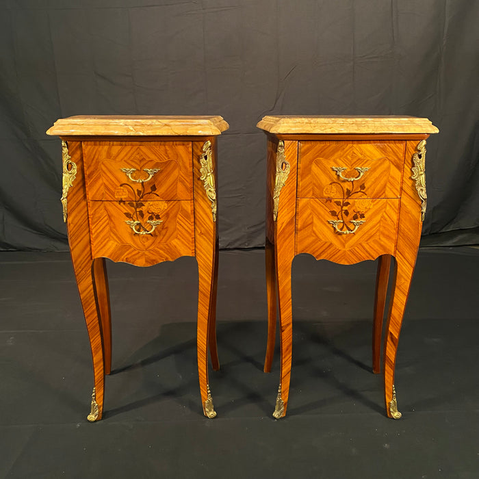 French Louis XV Pair Marble Top Nightstands or Side Tables Mid 20th Century